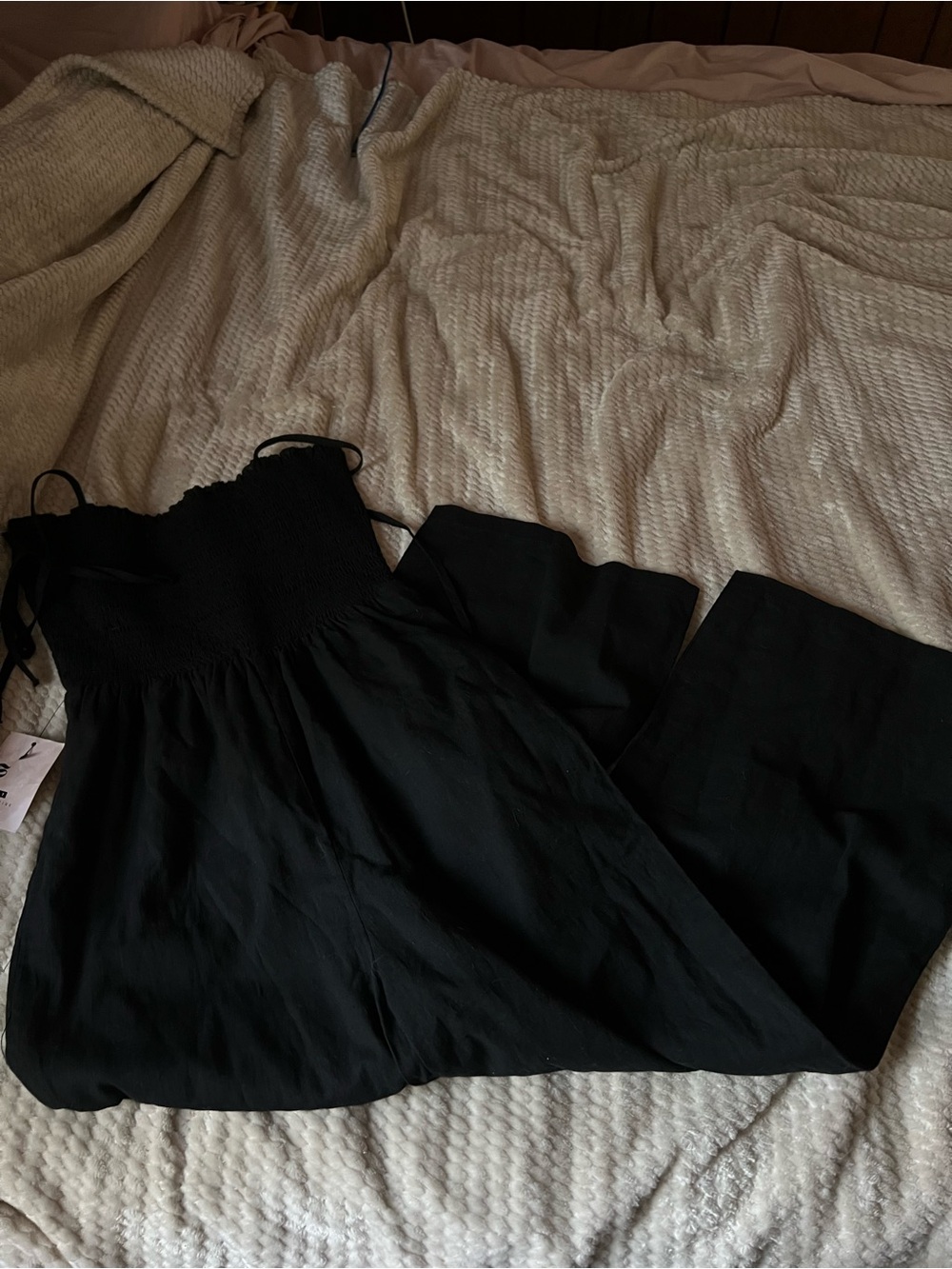 Black Smocked Bodice Wide-Leg Jumpsuit with Spaghetti Straps